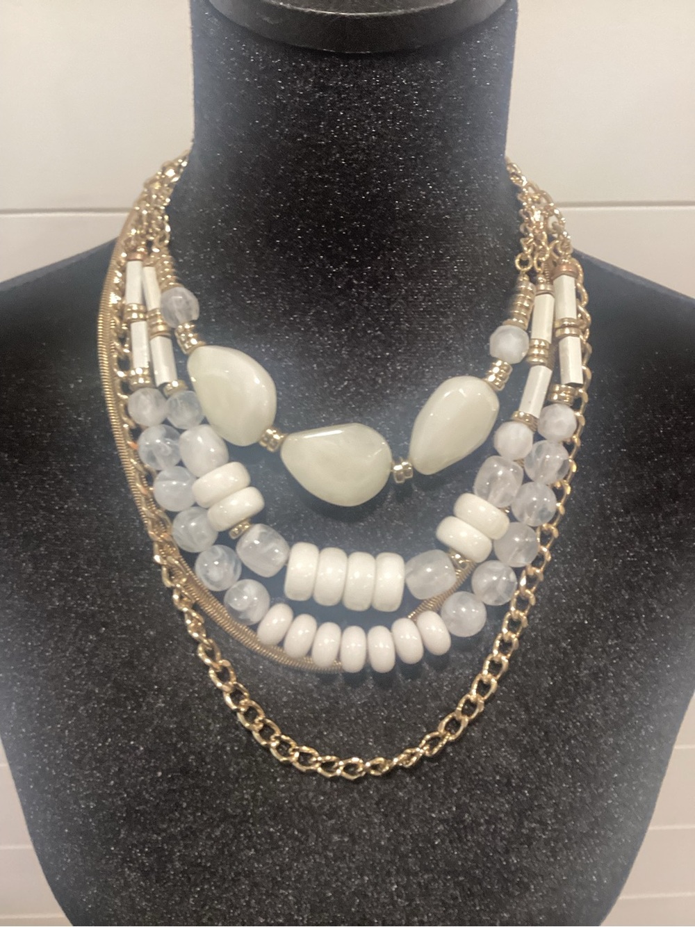 Multi-Strand White & Gold Statement Necklace